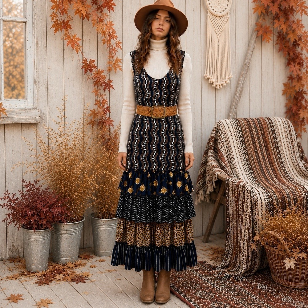 Vintage 80s 90s Boho Jumper Dress Rayon Tiered Broomstick‎ Prairie Made USA Sz M